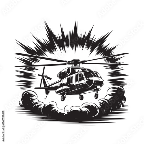A dramatic black and white illustration depicts a helicopter bursting through smoky clouds with speed and power