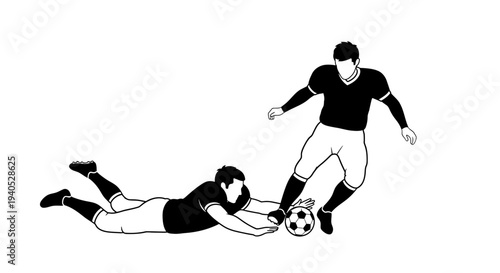 Dynamic Soccer Player Kicking Ball While Opponent Dives to Block on Isolated White Background