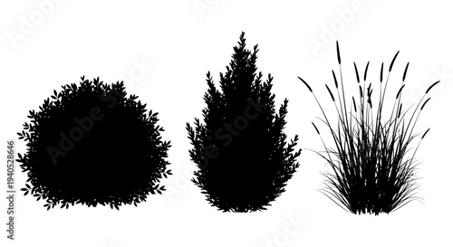 Collection of Bush and Grass Silhouettes on Isolated White Background