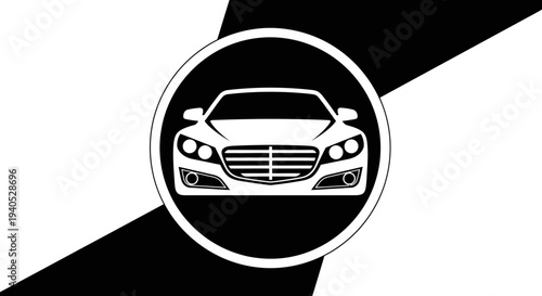Modern Car Front View Icon in Circle with Diagonal Stripe Background