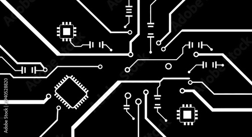 Abstract Electronic Circuit Board Pattern with Chips and Connections, High-Tech Digital Background, Isolated White Background