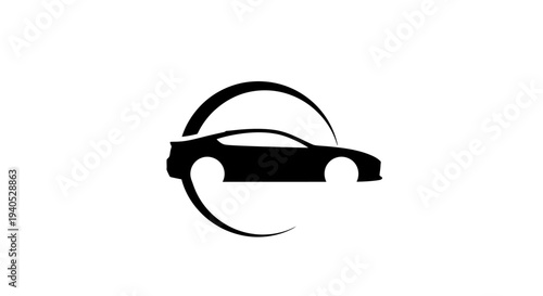 Modern automotive car silhouette logo design within an abstract circular frame on an isolated white background.
