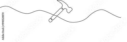 Illustration of continuous line drawing of a hammer and wave