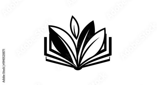 Organic learning logo design depicting an open book with growing leaves, symbolizing knowledge and natural development on an isolated white background.
