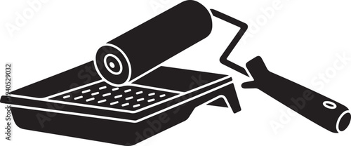 Paint roller with tray icon, house painting tool silhouette isolated on white background