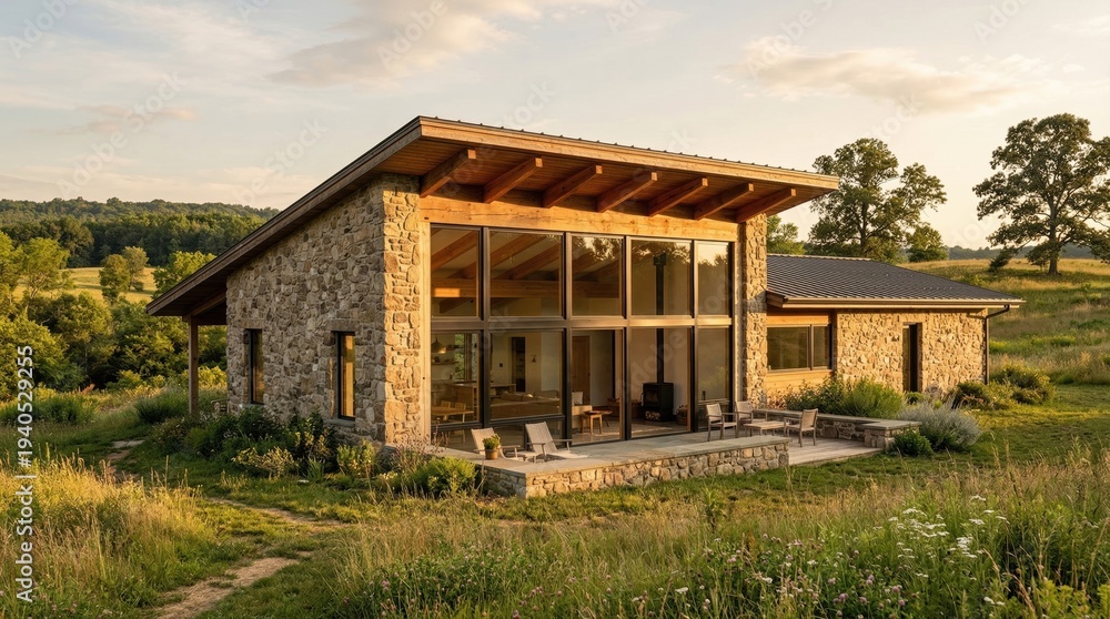 Obraz premium Contemporary passive solar home with stone masonry walls timber roof overhangs and south oriented glass facade maximizing natural light and thermal efficiency