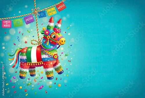 Colorful Mexican donkey pinata hanging with festive paper flags against blue background. Celebration of Cinco de Mayo, joyous party atmosphere and traditional culture concept. Greeting card.