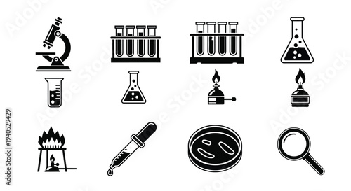 Collection of scientific icons depicting chemistry biology and research