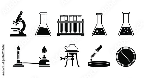 Black silhouette icons depicting various laboratory equipment for scientific research