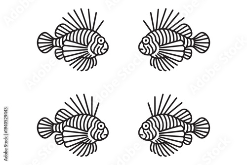 Four Stylized Lionfish Icons in a Grid Pattern, Black and White Vector Illustration, Marine Life and Ocean Theme