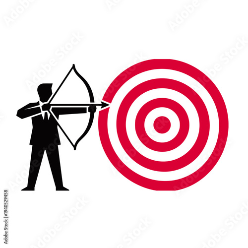 Man in suit aiming bow and arrow at red target, focus on precision and accuracy in a professional setting