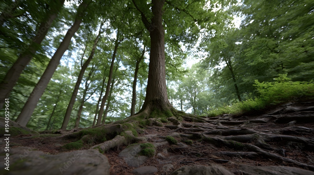 Fototapeta premium A low angle view of a forest path winding through prominent gnarled tree roots under a canopy of green leaves