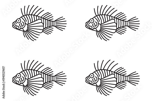 Elegant black and white line art illustration depicting four stylized lionfish, consistently oriented to the right, presented on a pristine white backdrop.