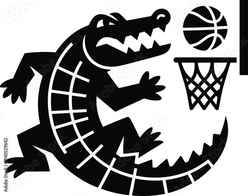 Black alligator silhouette dunking basketball into hoop crocodile