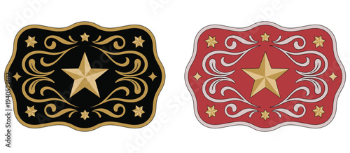 Sheriff Star Badge Vector, Rodeo Cowboy Belt Buckle in Wild West Style. Decorative Western Texas star with floral elements, vintage vector design for cowboy-themed merchandise, Western party 