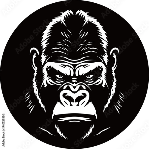 Stylized black and white illustration of a fierce gorilla head in a circle, powerful animal portrait
