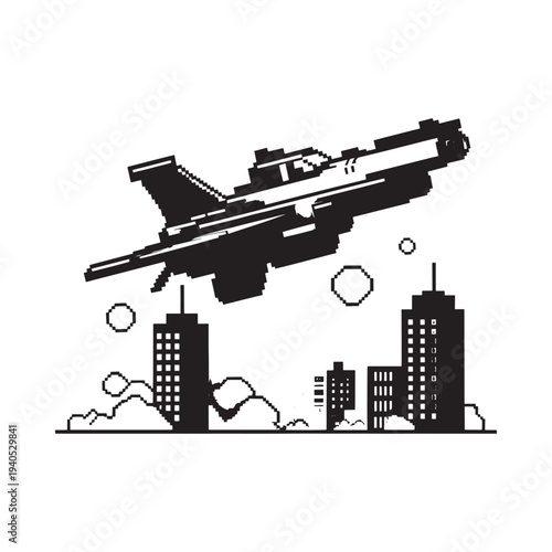A pixelated fighter jet flies over a silhouetted cityscape with smoke and circular elements high quality professional