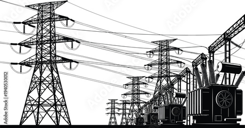 High Voltage Electrical Substation and Transmission Towers Silhouette, Power Grid Infrastructure Facility, CAD Drawing Flat Vector Illustration Technical Sketch