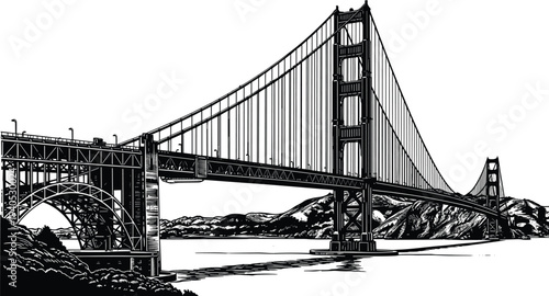 Golden Gate Bridge San Francisco Landmark Vector Illustration, Famous Suspension Bridge Over Water with Mountains, CAD Drawing Flat Vector Illustration