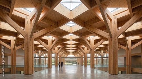 Symmetrical interior space of mass timber building with exposed CLT beams columns and structural wood ceiling demonstrating regenerative sustainable architecture