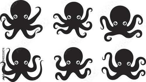 Cute octopus mascot icon set, playful cartoon octopus silhouettes collection, marine animal character bundle isolated on light background for logo, sticker, kids design