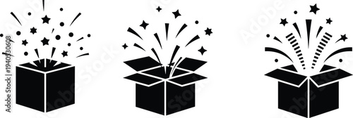 Set of open gift box silhouettes with stars and confetti explosion surprise package vector icons celebration present illustration isolated on light background