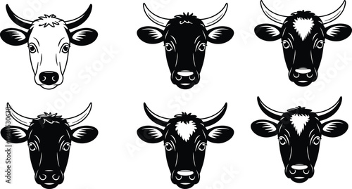Set of six cow head silhouettes black and white cattle face icons farm animal mascot vector collection dairy livestock illustration isolated on background