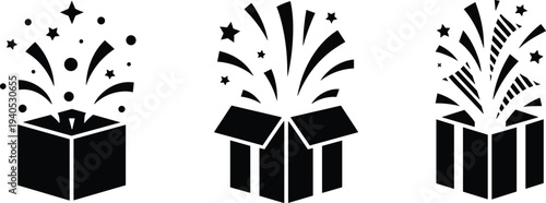 Set of open gift box silhouettes with stars confetti and fireworks burst surprise present package vector icons celebration illustration isolated on light background