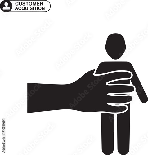 Black hand grabbing black person with customer acquisition text business