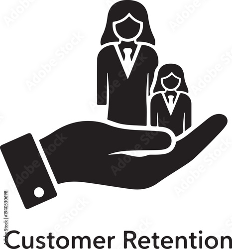 Hand holding two business people with text customer retention customer loyalty