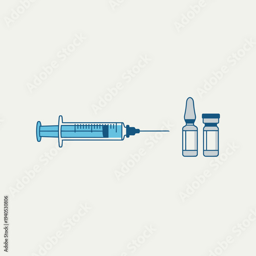 Medical Syringe and Vials with Blue Liquid - Vaccination and Healthcare Concept