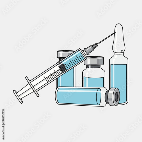 Medical syringe and vials with blue liquid, vaccination and healthcare concept
