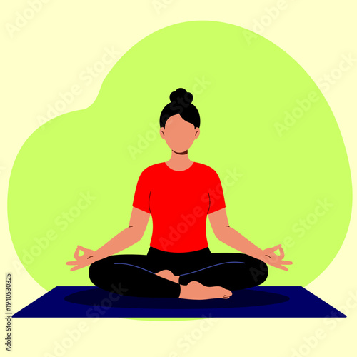 Calm faceless woman meditating in lotus pose, hands in Gyan Mudra, wearing red shirt, vector art.