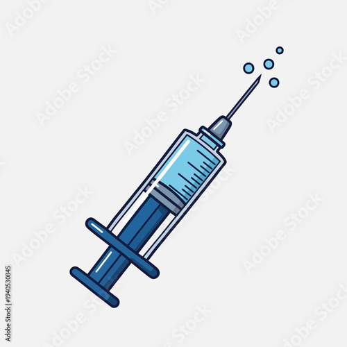 Medical Syringe with Blue Liquid and Bubbles, Healthcare Injection Tool