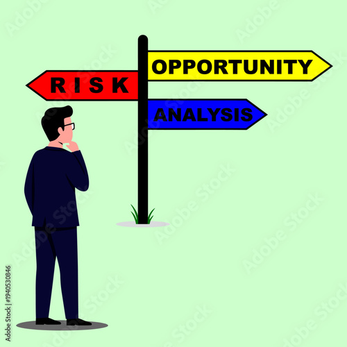 Pensive businessman in dark suit contemplating a signpost with red 'Risk,' yellow 'Opportunity,' and blue 'Analysis' arrows.