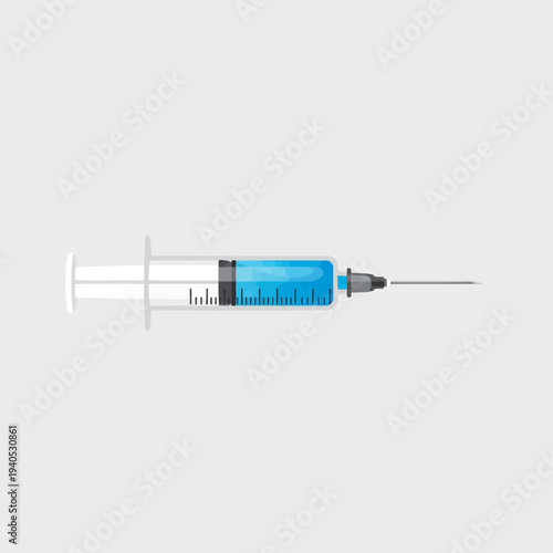 Medical Syringe with Blue Liquid and Needle on Gray Background - Healthcare Concept