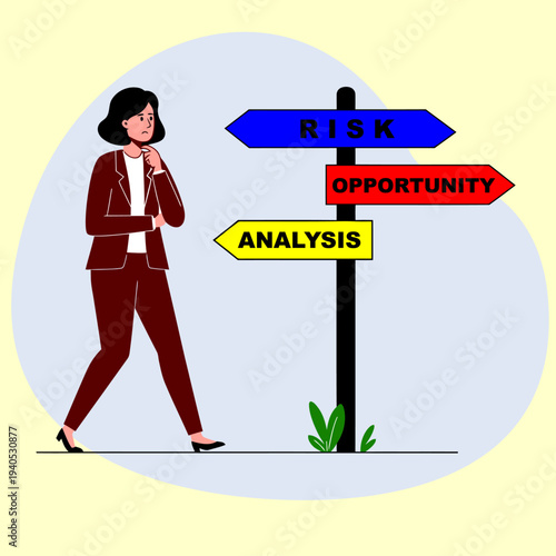 Pensive businesswoman in maroon suit contemplating choices at a signpost with risk, opportunity, analysis.