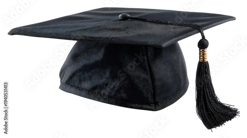 Ultra realistic HD graduation hat black fabric tassel, isolated on white background