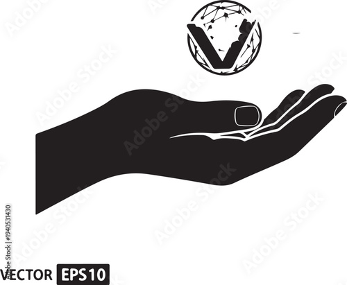 Black hand holding abstract globe with letter V des