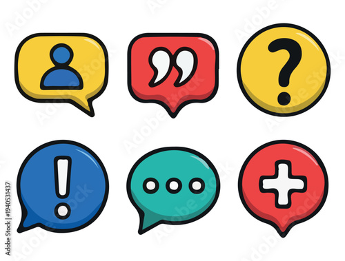 Communication and Social Media Speech Bubbles, Colorful speech bubble icons containing user, quote, question, exclamation, chat dots, and plus symbols for social interaction