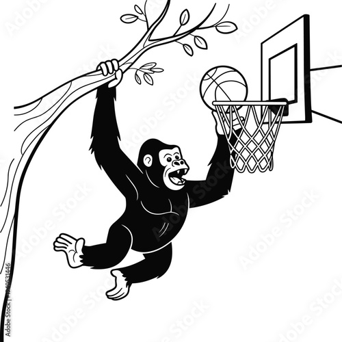 Gorilla playing basketball hanging from tree branch dunking ball monkey leaves 2