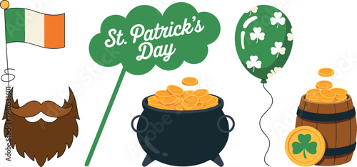 St. Patrick's Day celebration elements with pot of gold, lucky shamrock, Irish flag, beard and balloon