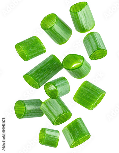 Fresh green onions falling, chopped spring chives