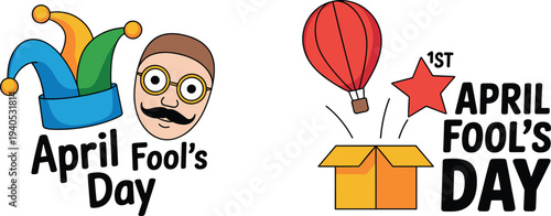 April Fool’s Day greeting elements, jester hat, funny face with glasses, surprise box, balloon and star vector illustration