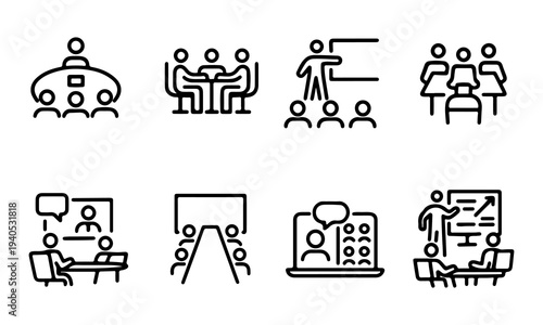 Meeting and Collaboration Icon Set. Thin line editable stroke illustrations for teamwork, presentations, communication, business, education, and virtual interaction