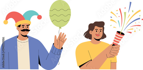 People celebrating April Fool's Day, man in jester hat holding balloon, woman with party popper confetti vector illustration