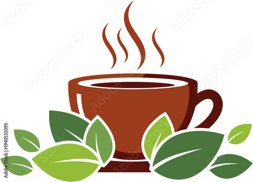 A warm cup of steaming beverage nestled amongst fresh green leaves, symbolizing natural refreshment, cozy comfort, and organic goodness for a soothing experience