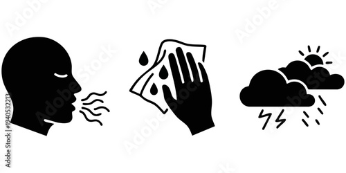 Atmospheric Condition Silhouette Set: Human Breath Aroma, Hand Cleaning Wipe, and Mixed Stormy Weather Icons