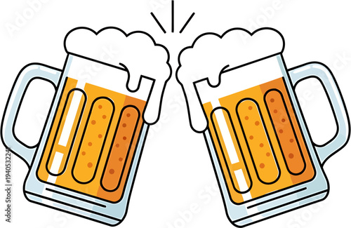 Cheers with Frothy Beer Mugs Clinking Together, Celebrating Friendship and Good Times