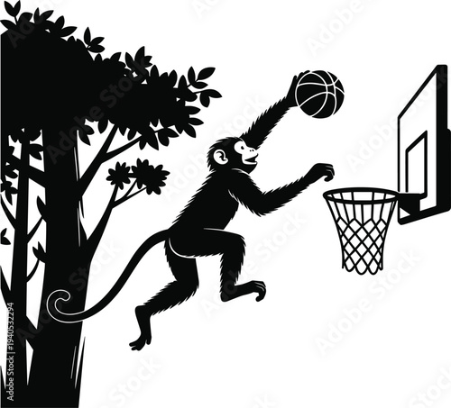 Monkey jumping to dunk basketball into hoop near tree silhouette